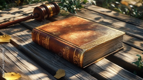 Ancient Law Book and Gavel Resting on Wooden Table photo