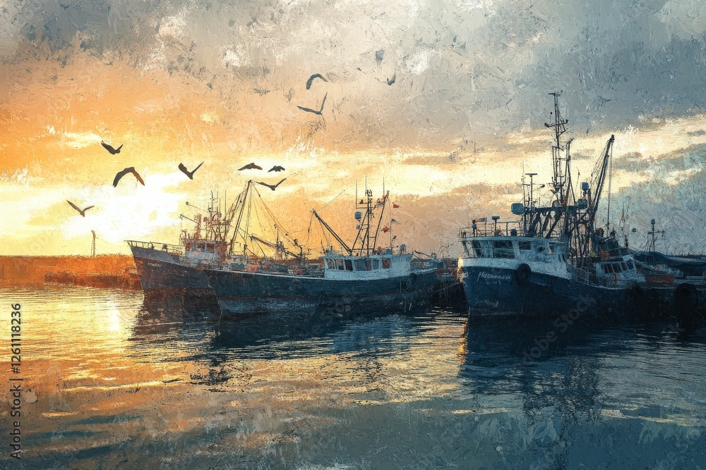 Golden sunset, fishing boats harbor, tranquil sea. Golden sunset, fishing boats harbor, tranquil sea.