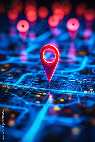 Neon map pin glowing city navigation