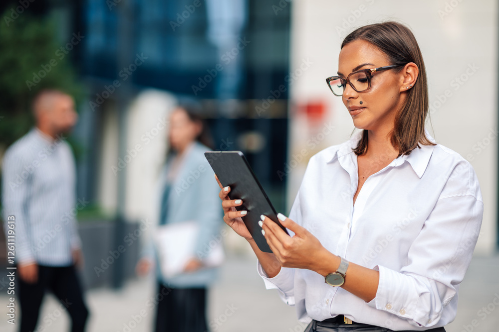 Businesswoman using tablet outside office building Businesswoman using tablet outside office building