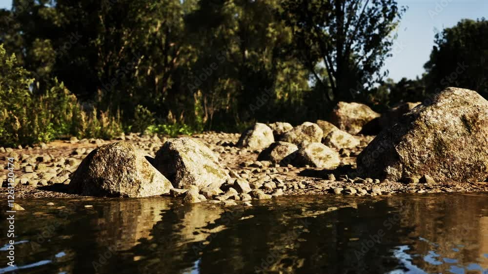 A tranquil riverbank features smooth stones and pebbles reflecting sunlight in calm water. Lush greenery surrounds the area, creating a serene environment perfect for nature lovers. A tranquil riverbank features smooth stones and pebbles reflecting sunlight in calm water. Lush greenery surrounds the area, creating a serene environment perfect for nature lovers.