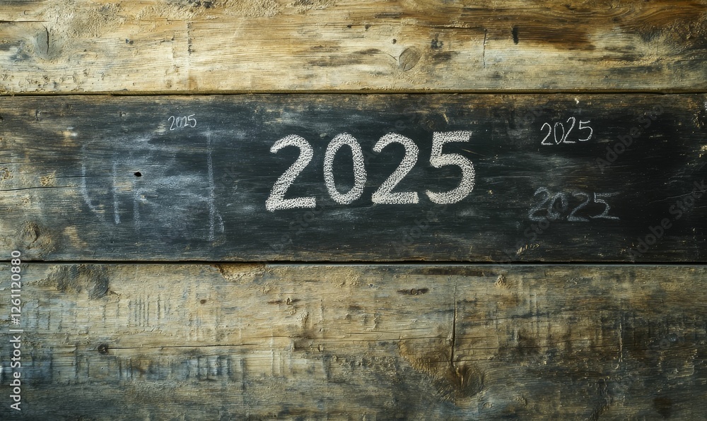 Fototapeta premium Rustic wood background, 2025 chalk inscription.