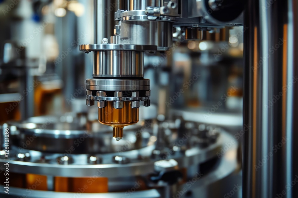Precise machinery fills amber liquid containers. Precise machinery fills amber liquid containers.