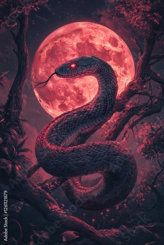 Enormous snake coils around tree, blood moon backdrop