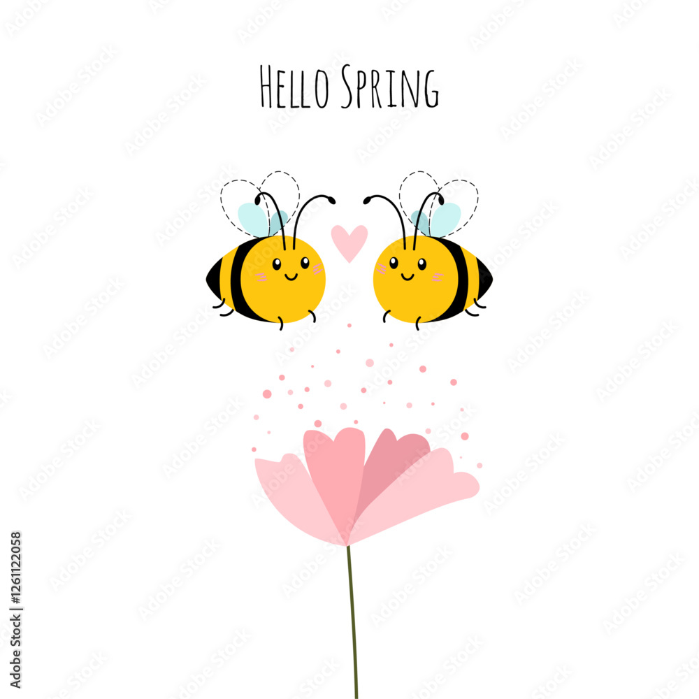 Spring card with cute bees and a flower-Hello Spring Spring card with cute bees and a flower-Hello Spring
