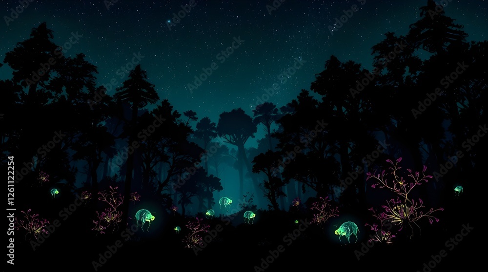 Fototapeta premium A mystical forest glowing with bioluminescent trees, flowers, and creatures under a starry night sky