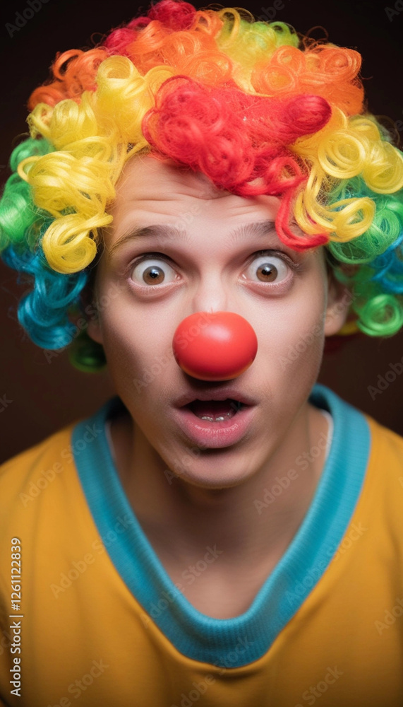Φωτογραφία Extreme close up portrait of a person in a clown wig, looking embarrassed and surprised as everyone around them laughs at the prank costume