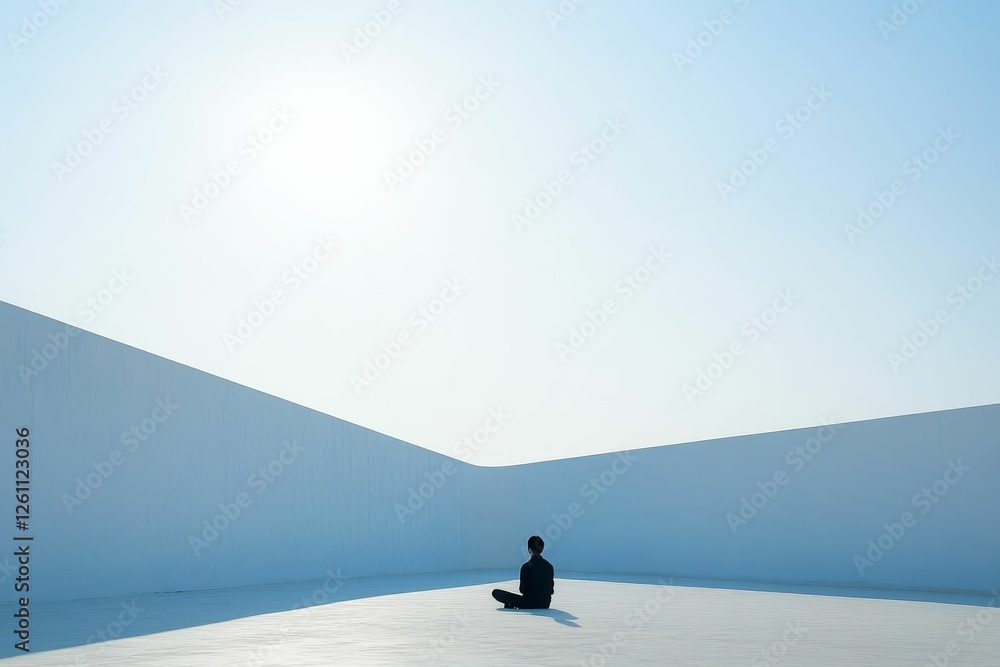 Solitary figure meditates serene white space Solitary figure meditates serene white space