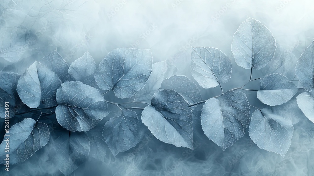 Fototapeta premium Elegant blue-toned leaves softly layered against a misty background, evoking tranquility and natures beauty for wellness and lifestyle themes.