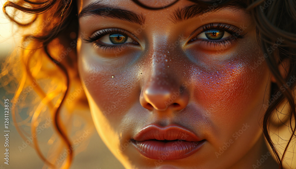 The Wheel of the Year. Sun-kissed beauty with golden freckles in warm summer light, Litha celebration The Wheel of the Year. Sun-kissed beauty with golden freckles in warm summer light, Litha celebration