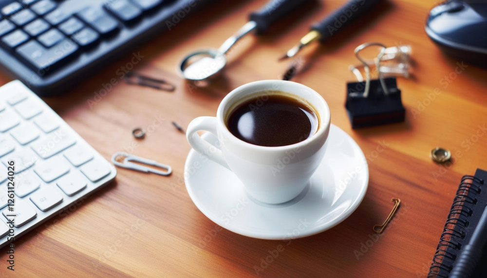 Extreme close up portrait of a cup of coffee on a desk, with tools scattered around, representing the brief moments of rest on a busy workday. Extreme close up portrait of a cup of coffee on a desk, with tools scattered around, representing the brief moments of rest on a busy workday.