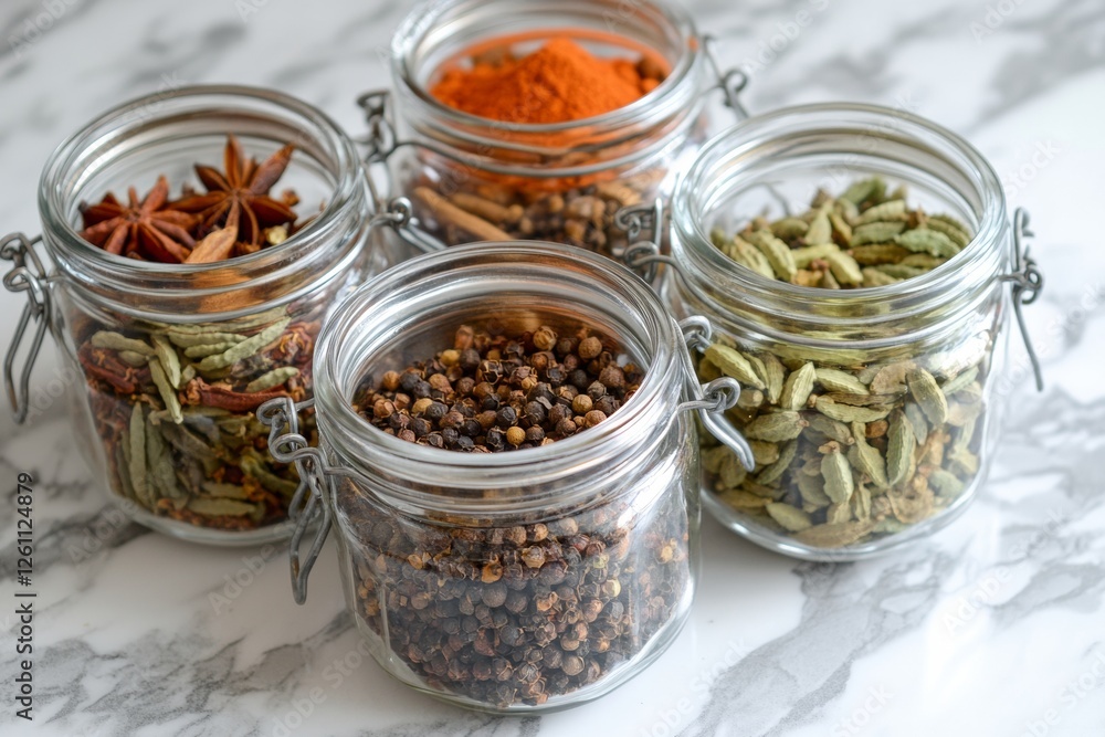 Five glass jars containing a variety of aromatic spices stand on a sleek marble countertop Five glass jars containing a variety of aromatic spices stand on a sleek marble countertop