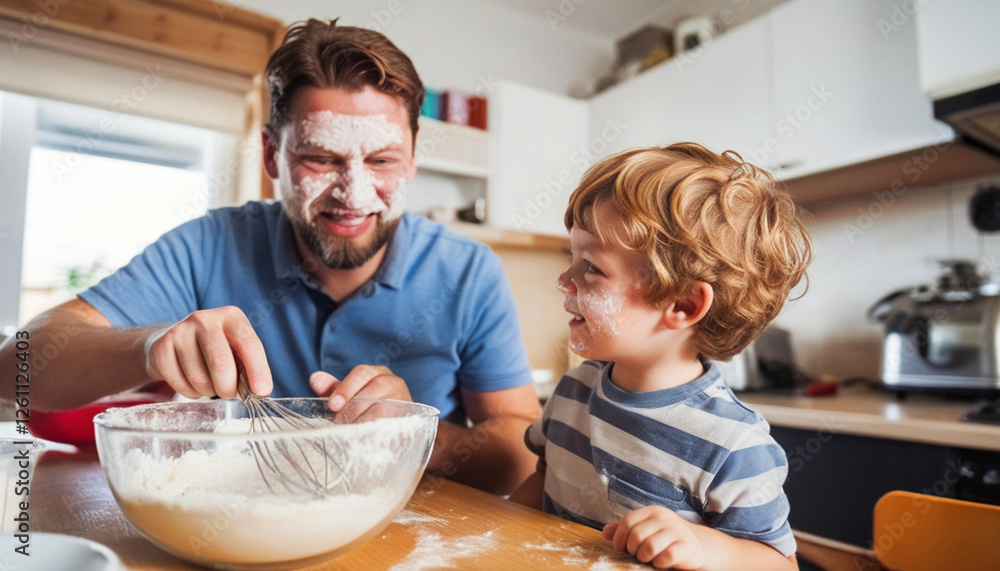Φωτογραφία Extreme close up portrait of a father and son cooking together in the kitchen, with flour on their faces, laughing as they try to bake a cake