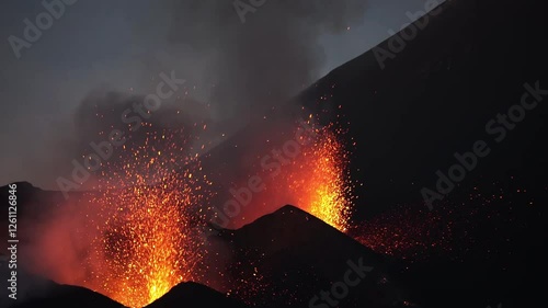 Dual-crater strombolian eruptions on Pico do Fogo volcano, Fogo, Cape Verde.
