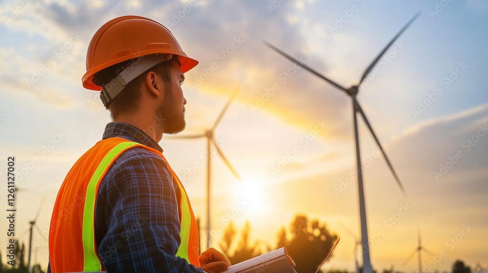 An engineer wearing a hard hat and safety vest, inspecting wind turbines at sunset, symbolizing renewable energy and sustainability.
An engineer wearing a hard hat and safety vest, inspecting wind turbines at sunset, symbolizing renewable energy and sustainability.