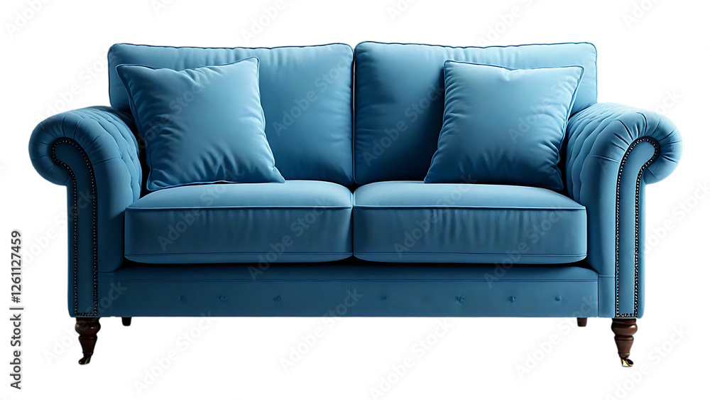 Fototapeta premium Blue velvet sofa has a modern, simple design isolated on transparent background
