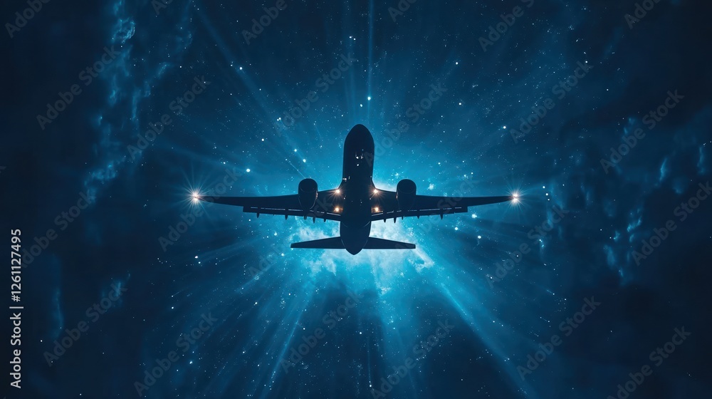 Airplane Silhouette Soaring Through A Starry Night Sky Airplane Silhouette Soaring Through A Starry Night Sky