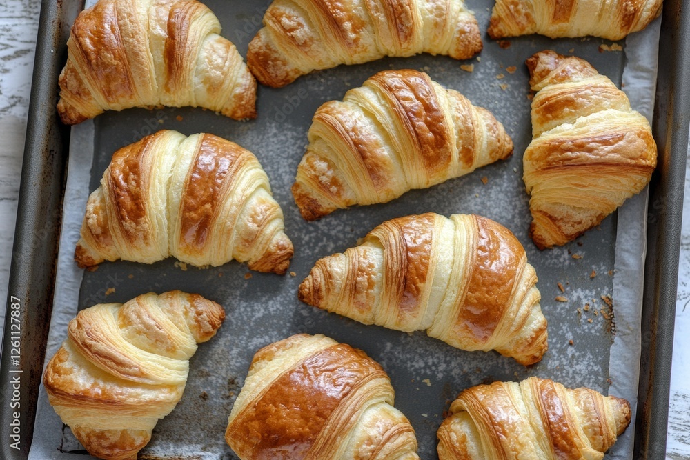 Fototapeta premium Raw croissants are neatly placed on a baking tray, waiting to be baked. Their buttery layers are visible, promising a flaky texture and a rich aroma once baked