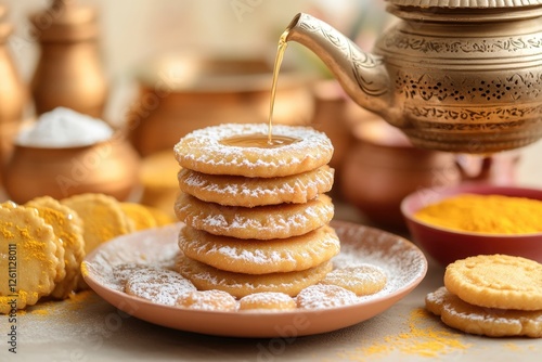 Traditional Holi Food Featuring Malpua Drizzled With Sugar Syrup Presented on a Ceramic Plate With Vibrant Accents photo