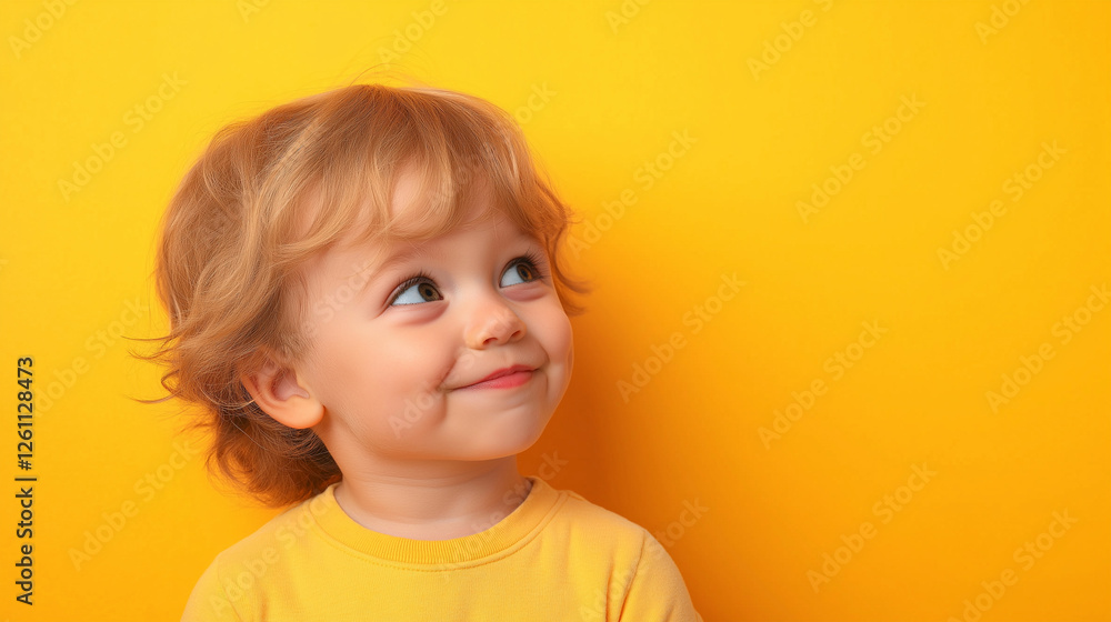 Happy child smiling against a bright yellow background, showcasing joy and innocence in a playful moment Happy child smiling against a bright yellow background, showcasing joy and innocence in a playful moment