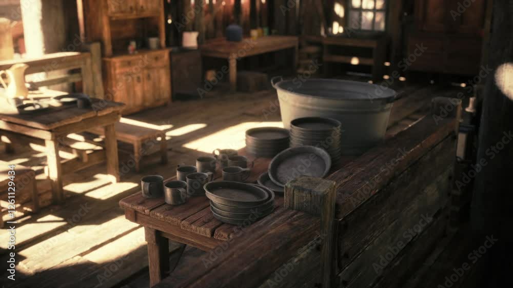 In a rustic pottery workshop, sunlight streams through the windows, highlighting various handcrafted dishes and tools on wooden tables. The atmosphere is warm and inviting. In a rustic pottery workshop, sunlight streams through the windows, highlighting various handcrafted dishes and tools on wooden tables. The atmosphere is warm and inviting.