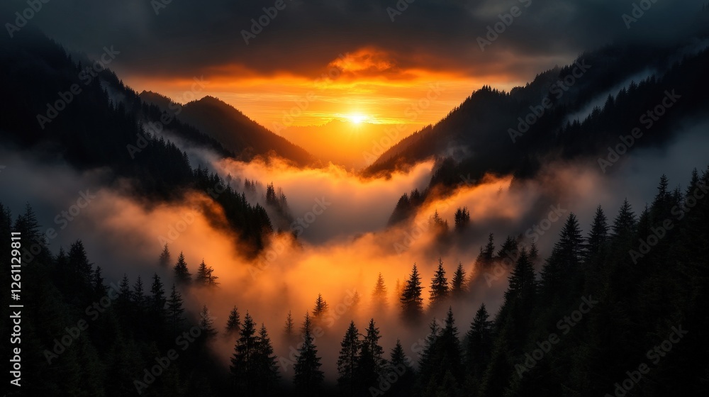 A breathtaking view of a misty mountain valley at sunset, where vibrant colors and fog intertwine with majestic peaks, representing nature's grandeur and mystery. A breathtaking view of a misty mountain valley at sunset, where vibrant colors and fog intertwine with majestic peaks, representing nature's grandeur and mystery.