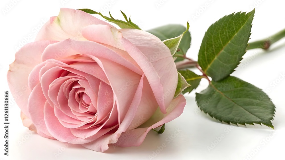 Fototapeta premium Delicate soft pink rose in full bloom with velvety petals, green leaves, and spiral petal arrangement on a pure white background for a clean floral aesthetic
