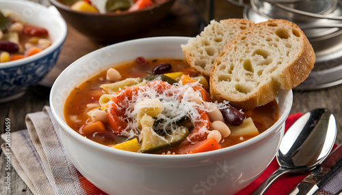 Bowl of vegetable minestrone soup with colorful vegetables, beans, and pasta topped with Parmesan served with slice of bread on rustic table
