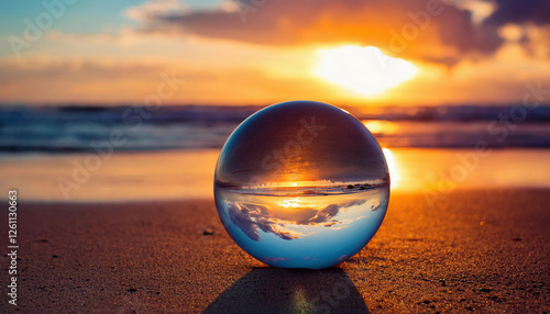 A glass sphere on a sandy beach reflects an inverted image of the ocean, sky, and sunset in the background.