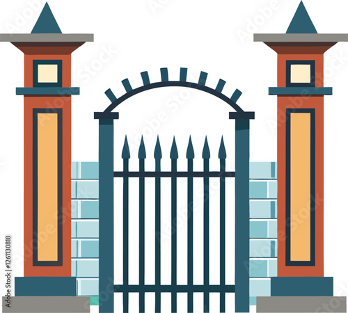 A iron gate with two tall pillars on each side. Vector illustration of decorative forging of a two-door garden gate