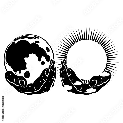 Two human hands as day and night holding full moon and shining sun. Balance of opposites. Creative philosophical concept. Black and white silhouette.