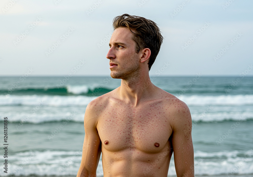 Man beach portrait looking at the ocean waves with a thoughtful expression under clear sky Man beach portrait looking at the ocean waves with a thoughtful expression under clear sky