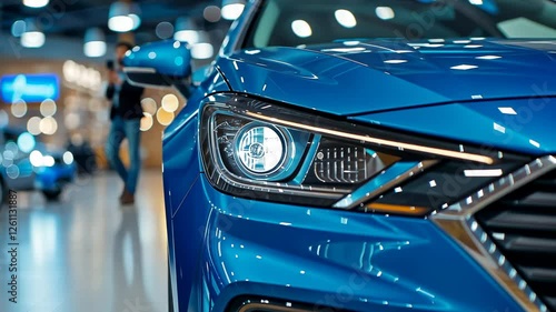 Close-up of a sleek blue car headlight with blurred figures shaking hands in the background at a modern auto showroom creating an atmosphere of excitement and trust in car buying