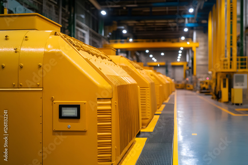 Row of yellow industrial machinery. The machines are lined up neatly in an industrial setting, suggesting efficiency and precision.