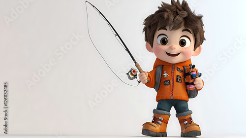 A cartoon boy is holding a fishing rod and smiling. generated using AI