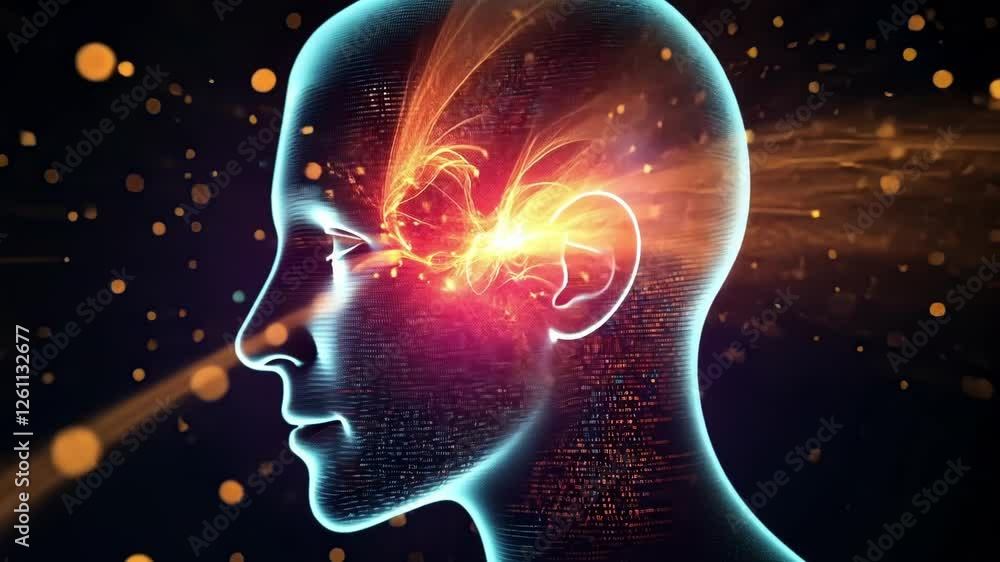 Human face emerging from a flowing stream of binary code, representing ...