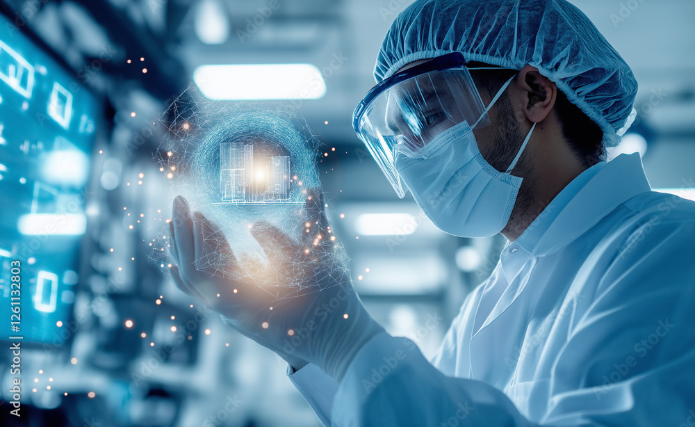 A scientist wearing protective glasses and gloves examines a glowing blue microchip in a high-tech laboratory. A scientist wearing protective glasses and gloves examines a glowing blue microchip in a high-tech laboratory.