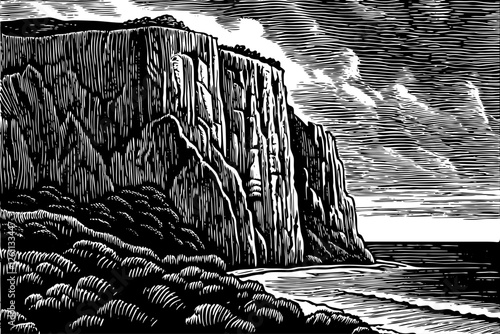 stony cliff and sea landscape black and white hand drawn sketch