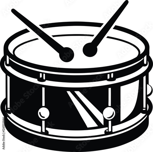 Line art A simple black and white vector illustration of a snare drum with drumsticks. Snare Drum Outline Icon Illustration on White Background.