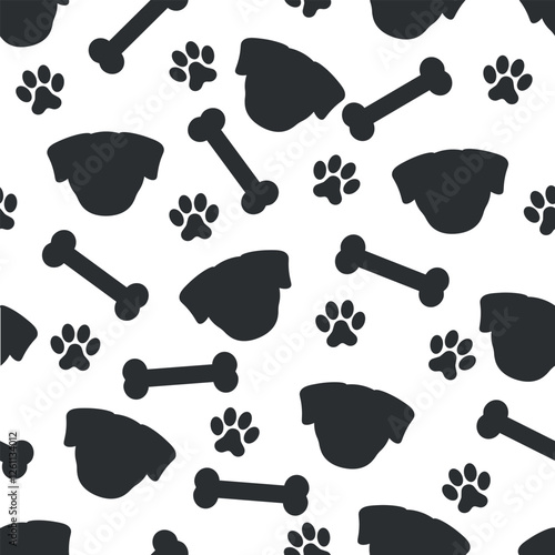 Dogs Silhouette Pattern - Silhouettes of Dog Heads, Bones and Paws on White Background. Seamless Link.