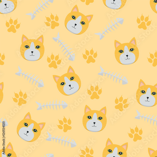 Orange Street Cat Pattern - Orange Cat Heads, Fish Skeletons and Paws on Orange Background. Seamless Link.