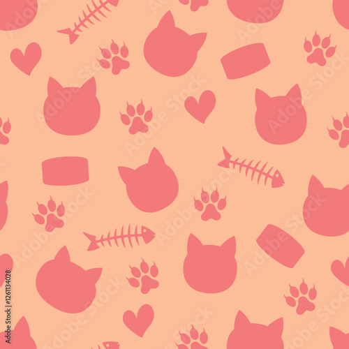 Pink Cats Silhouette Pattern - Messy Silhouettes of Cat Heads, Sardine Cans, Fish Skeletons, Hearts and Paws. Seamless Link.