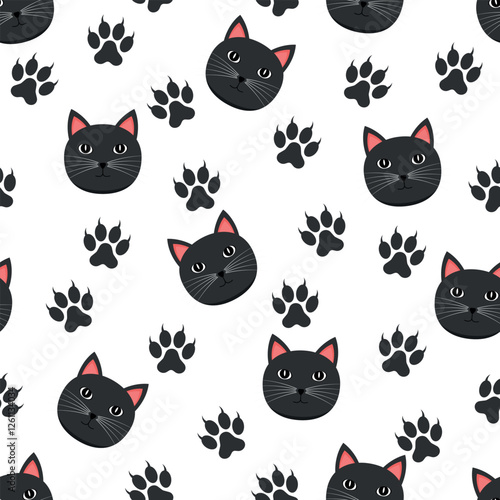 Black Cat Pattern - Black Cat Heads and Footprints on White Background. Seamless Link.