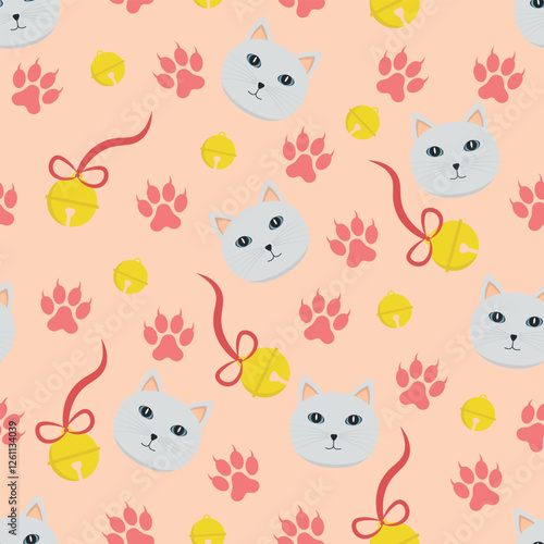 Wallpaper Mural White Cat Pattern - White Cats Heads, Bells and Paws on Pink Background. Seamless Link. Torontodigital.ca