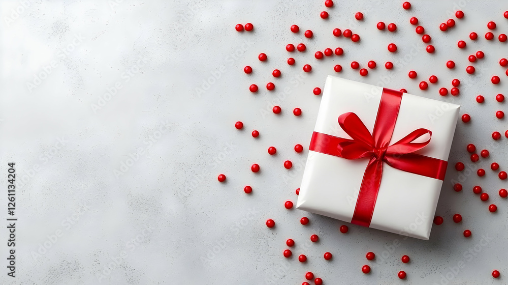 Obraz premium White gift box, red ribbon, candies, grey background; Valentine's Day greeting