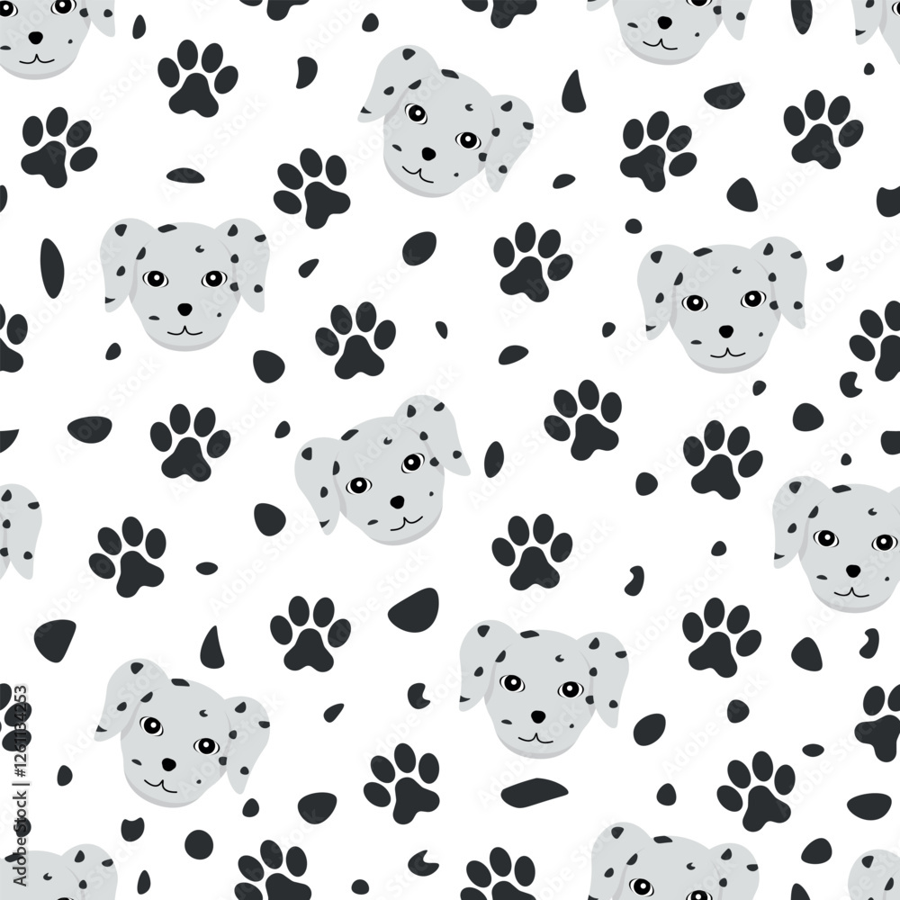 Fototapeta premium Dalmatian Dog Pattern - Illustrations of Dalmatian Dog Heads and Paws. Seamless Link.