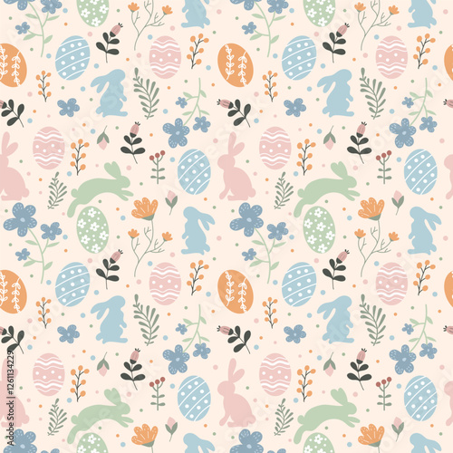 This vibrant design features playful bunny illustrations, decorated Easter eggs, and delicate floral motifs on a soft pastel background, perfect for seasonal themes.