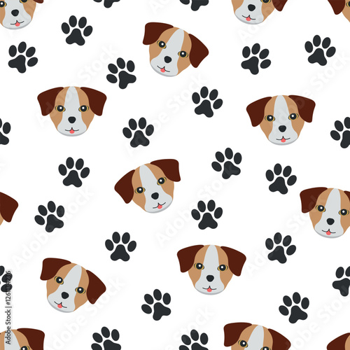 Dog Pattern - Illustrations of Dog Heads and Paws on White Background. Seamless Link.