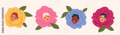 Rose flowers. Blossom with beautiful female faces. Flower bloom with beautiful women portraits. Various pretty young ladies. Stylish characters. Hand drawn Vector illustration. Abstract modern art