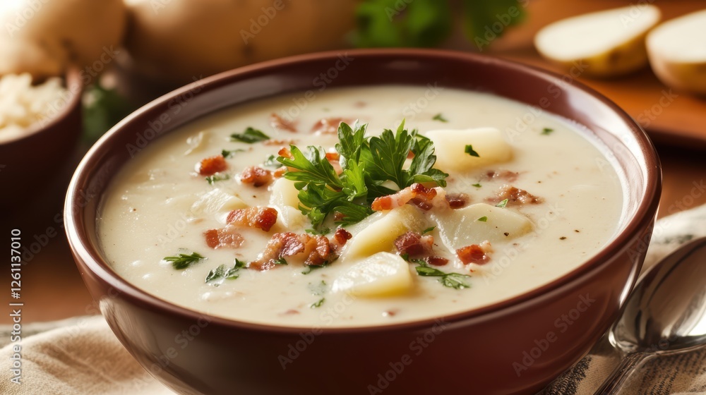 A warm bowl of creamy potato bacon soup, filled with chunks of tender potatoes and crispy bacon, ideal for cozy evenings. A warm bowl of creamy potato bacon soup, filled with chunks of tender potatoes and crispy bacon, ideal for cozy evenings.